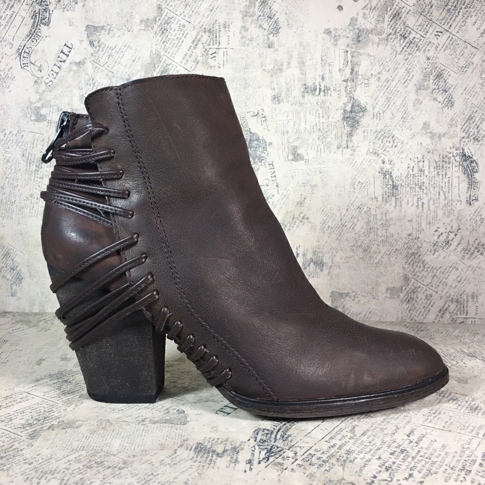 Dolce Vita Harvie Brown Leather Ankle Booties Lace-Up Back Block Heel Women's